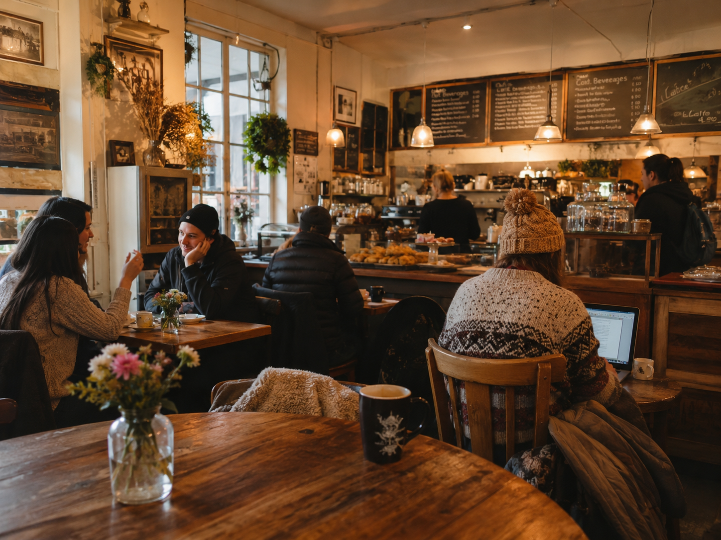 Warm community café interior concept image with tables, customers, and a pastry counter