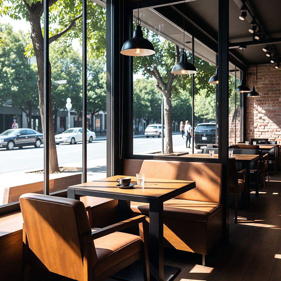 Sunny café window seating concept image with a quiet table and coffee cup