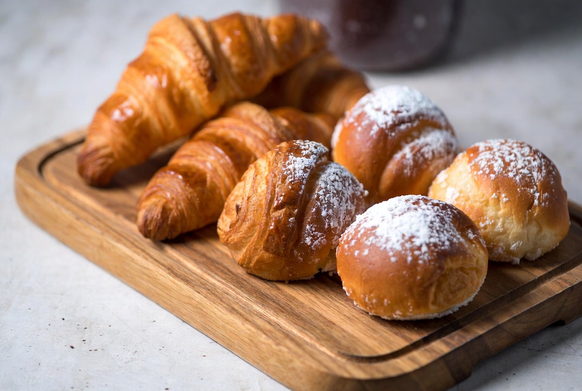 Fresh croissants and pastries on a wooden board concept image