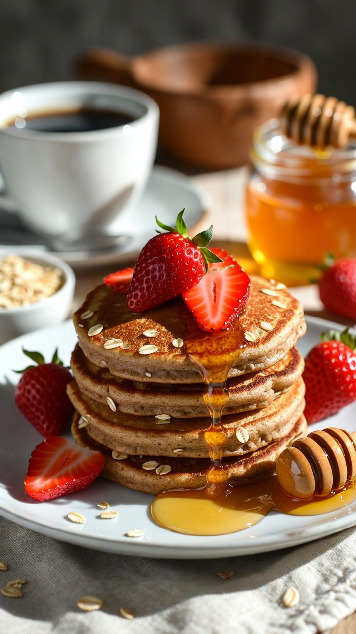 Honey oat pancakes with strawberries and coffee concept image