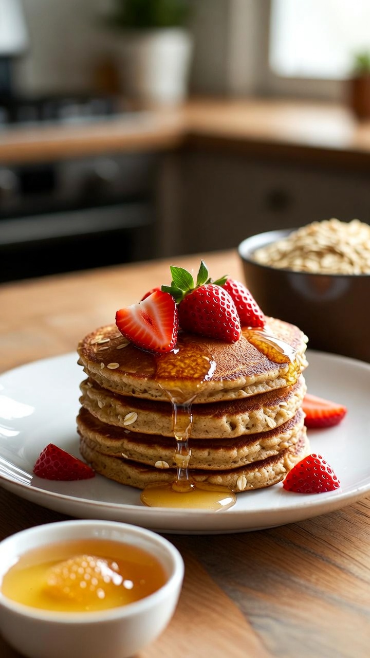 Honey oat pancakes with strawberries and a honey cup concept image