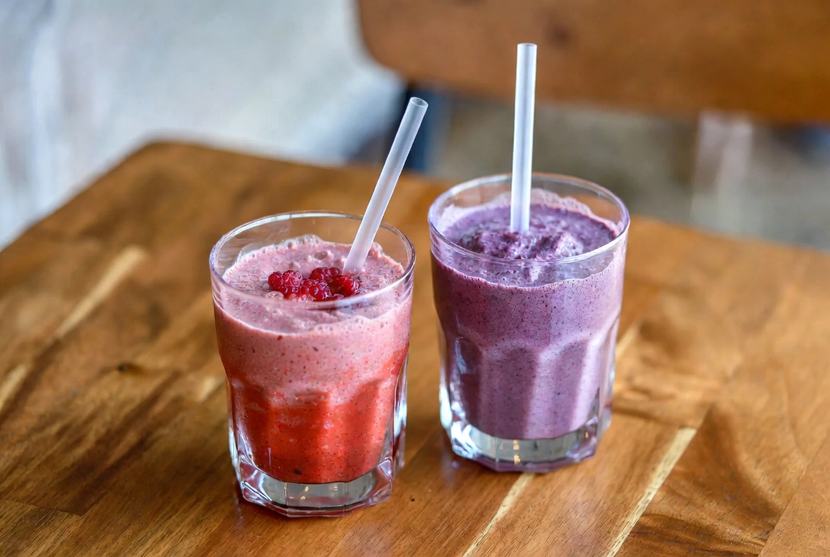 Berry smoothie drinks on a café table concept image