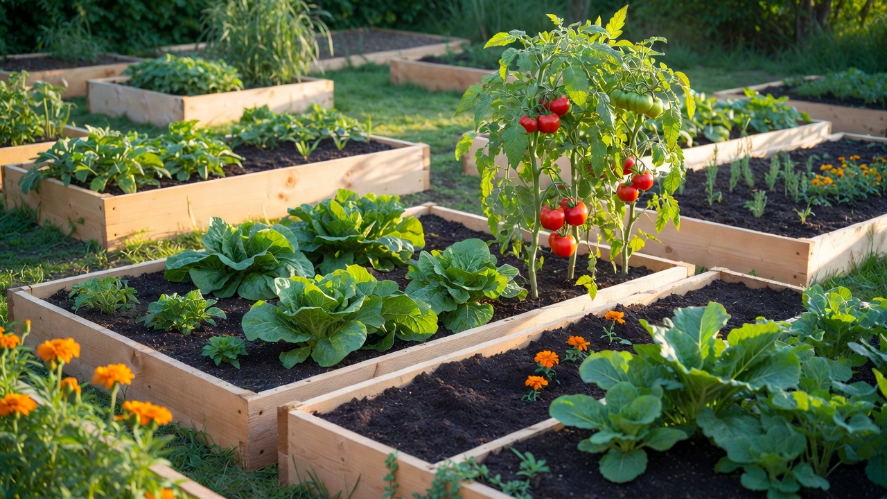 Community garden beds with fresh plants